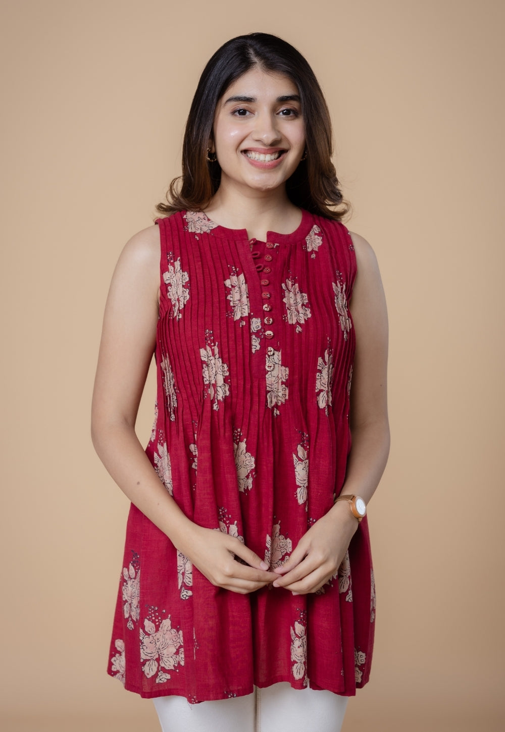 Ryza Red Dabu Slub Cotton A Line Short Top