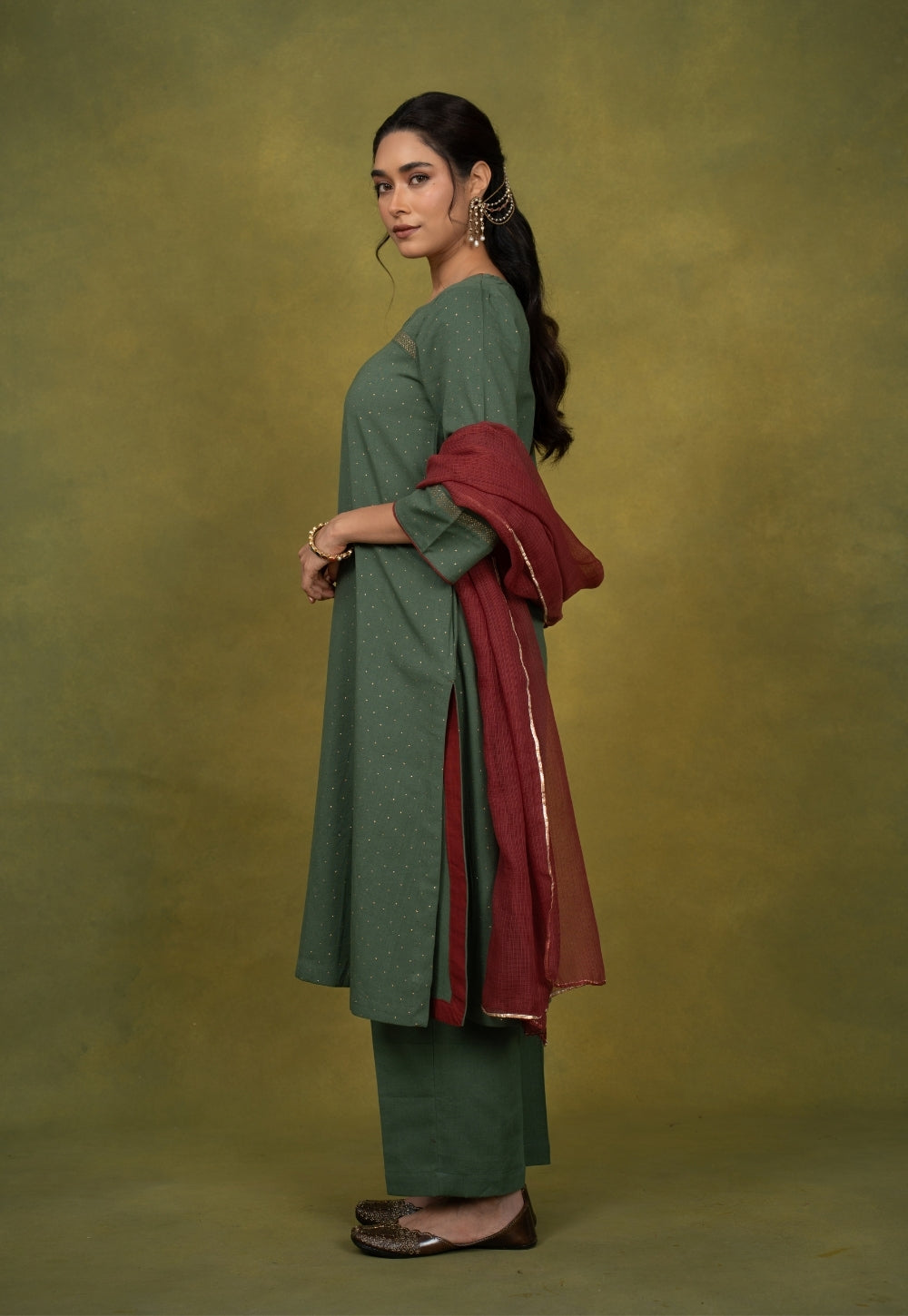 Ishira Green Rogan Handblock Printed Cotton Straight Kurta Suit Set (Set of 3)