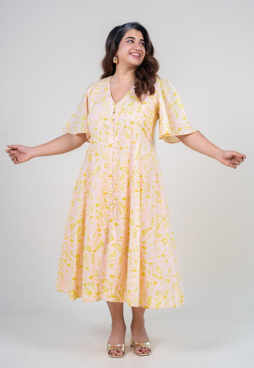Leah Peach Printed Mul A Line Dress