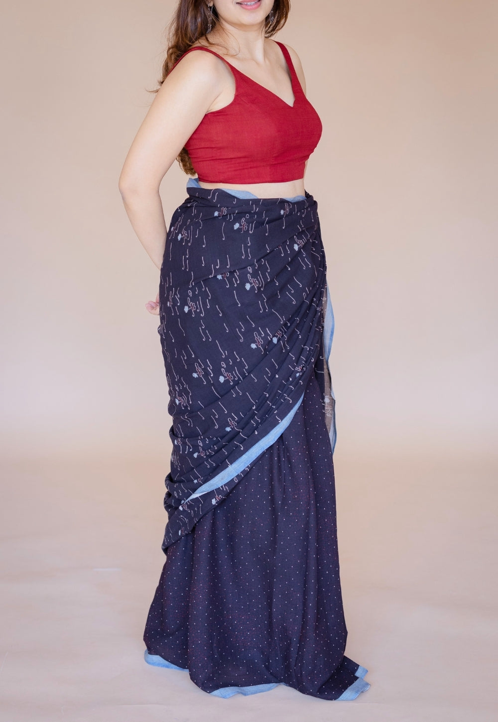 Black Boat Ajrakh Hand Block Print Mul Saree