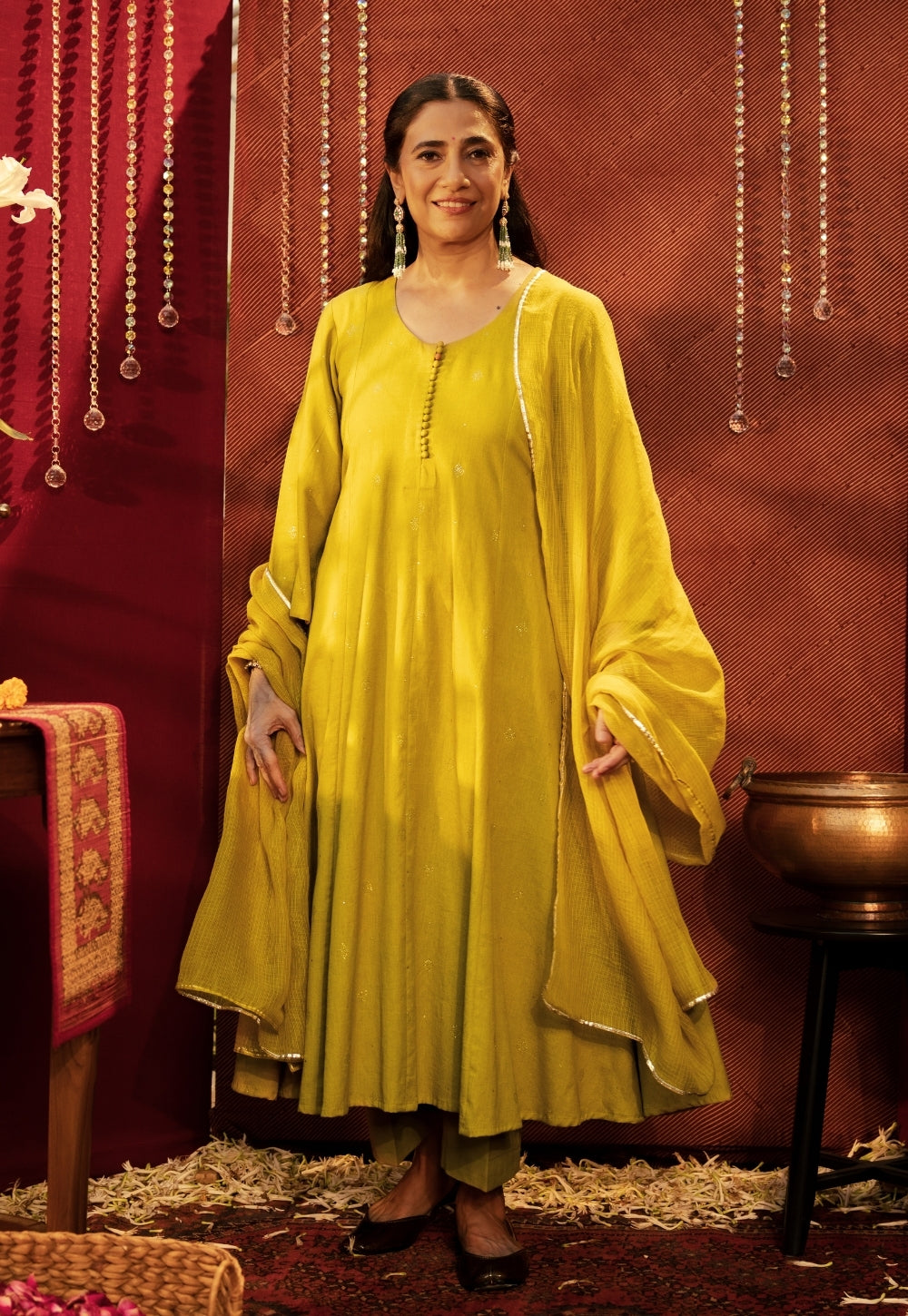 Maryam Yellow Rogan Handblock Printed Cotton Flex Suit Set (Set of 3)