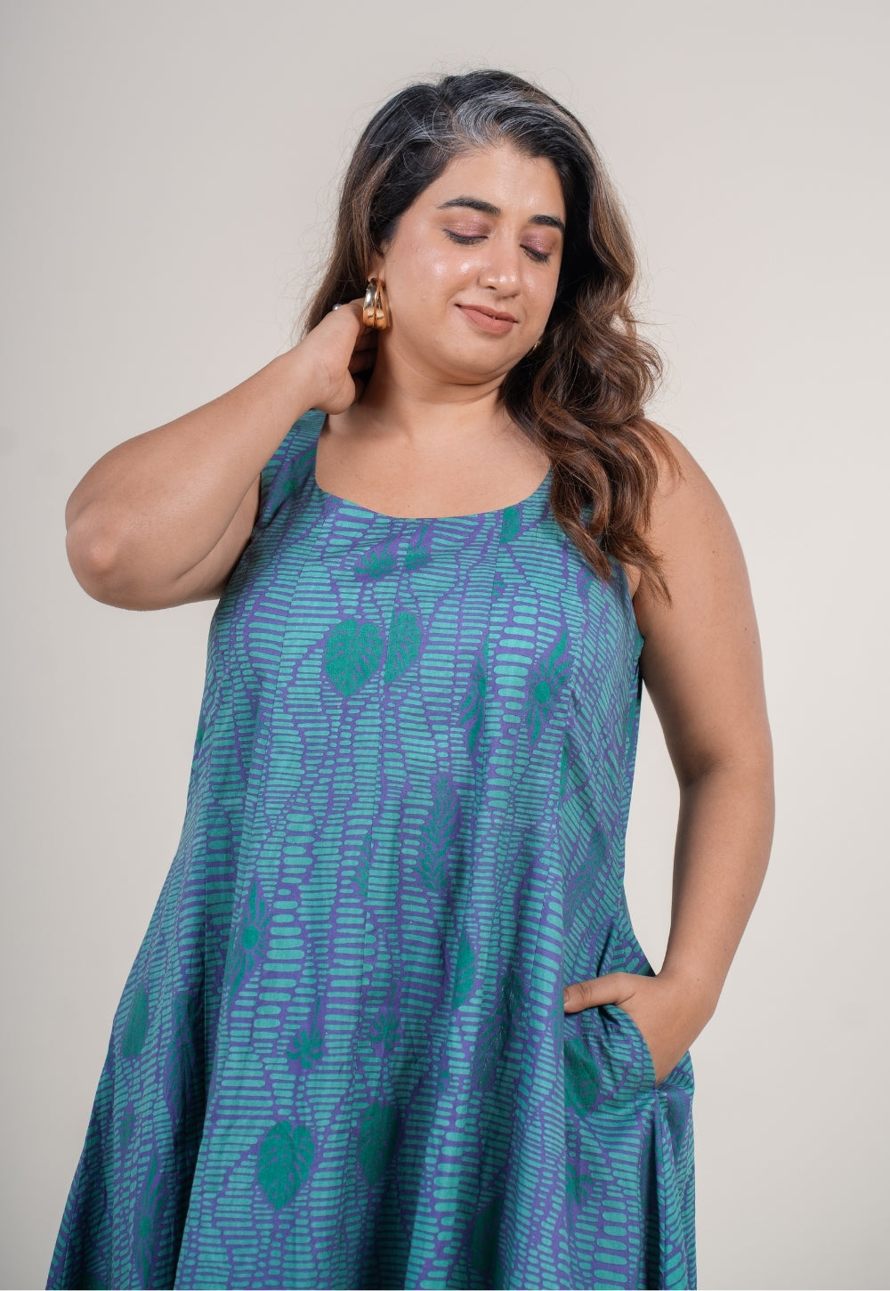 Tira Teal Blue Printed Cotton A Line Dress
