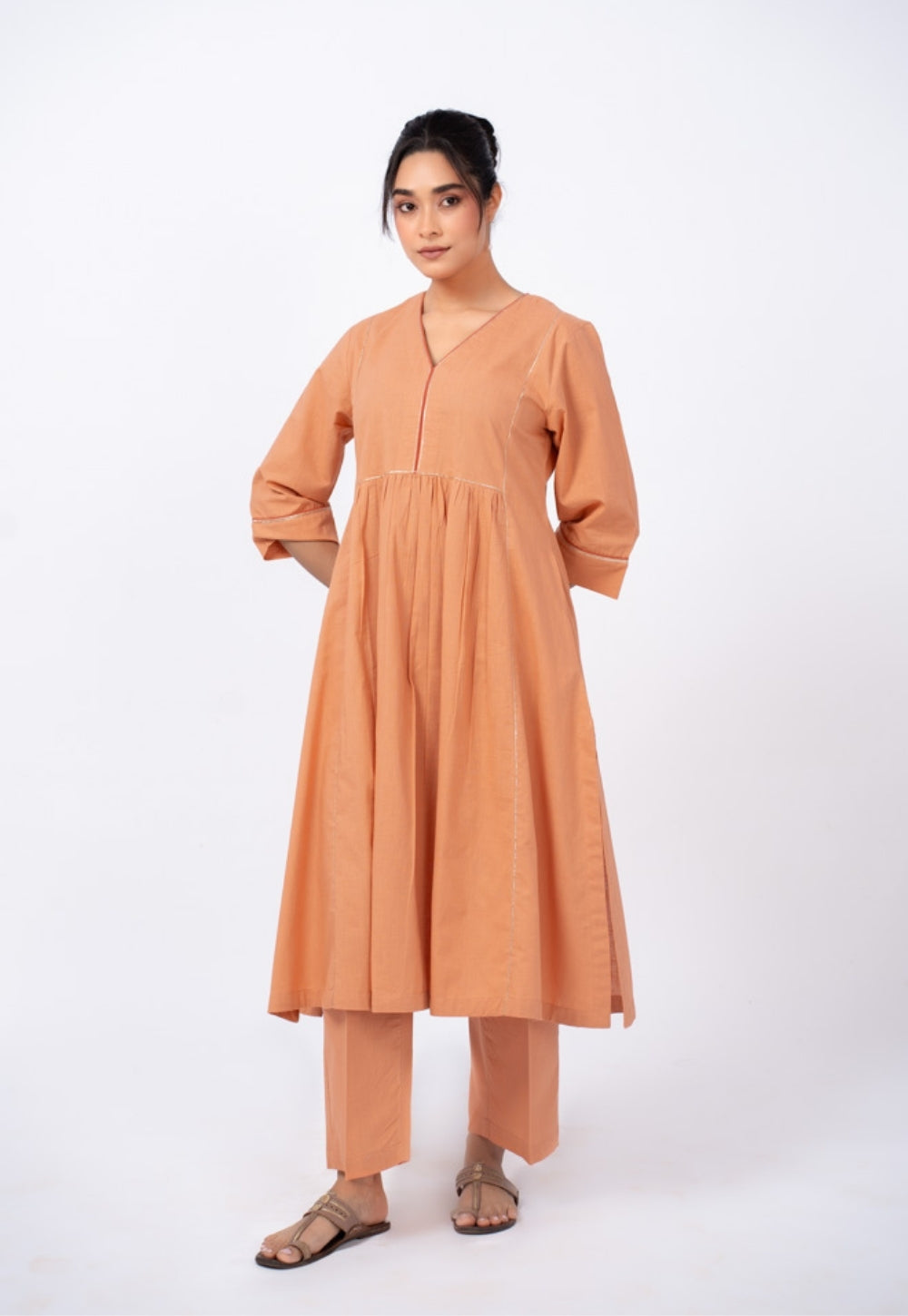 Urvi Orange Solid Slub Cotton Kali Kurta Suit Set with Solid Dupatta (Set of 3)