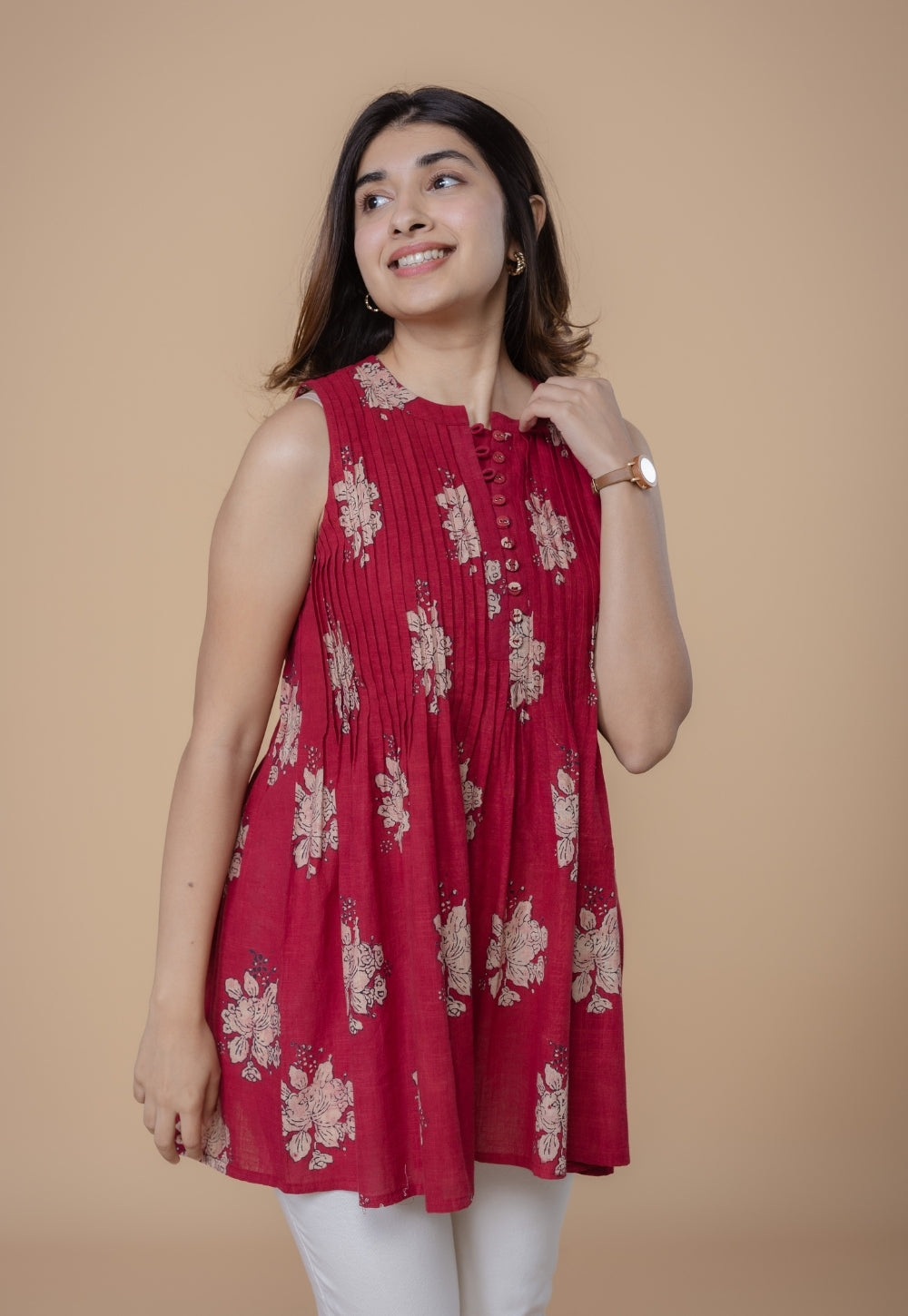 Ryza Red Dabu Slub Cotton A Line Short Top