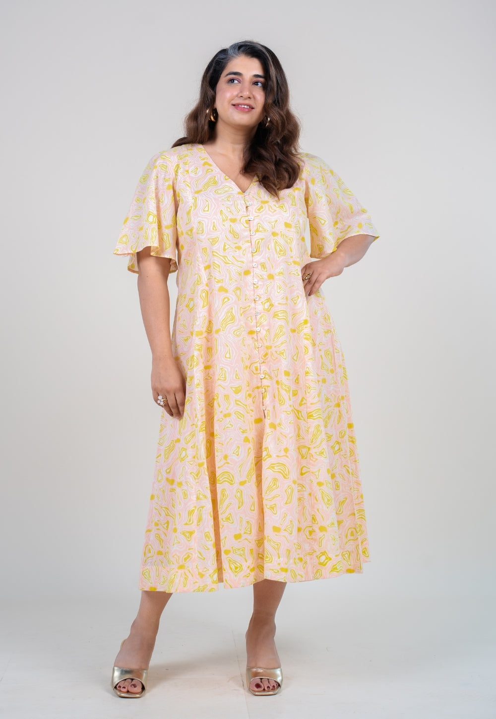 Leah Peach Printed Mul A Line Dress