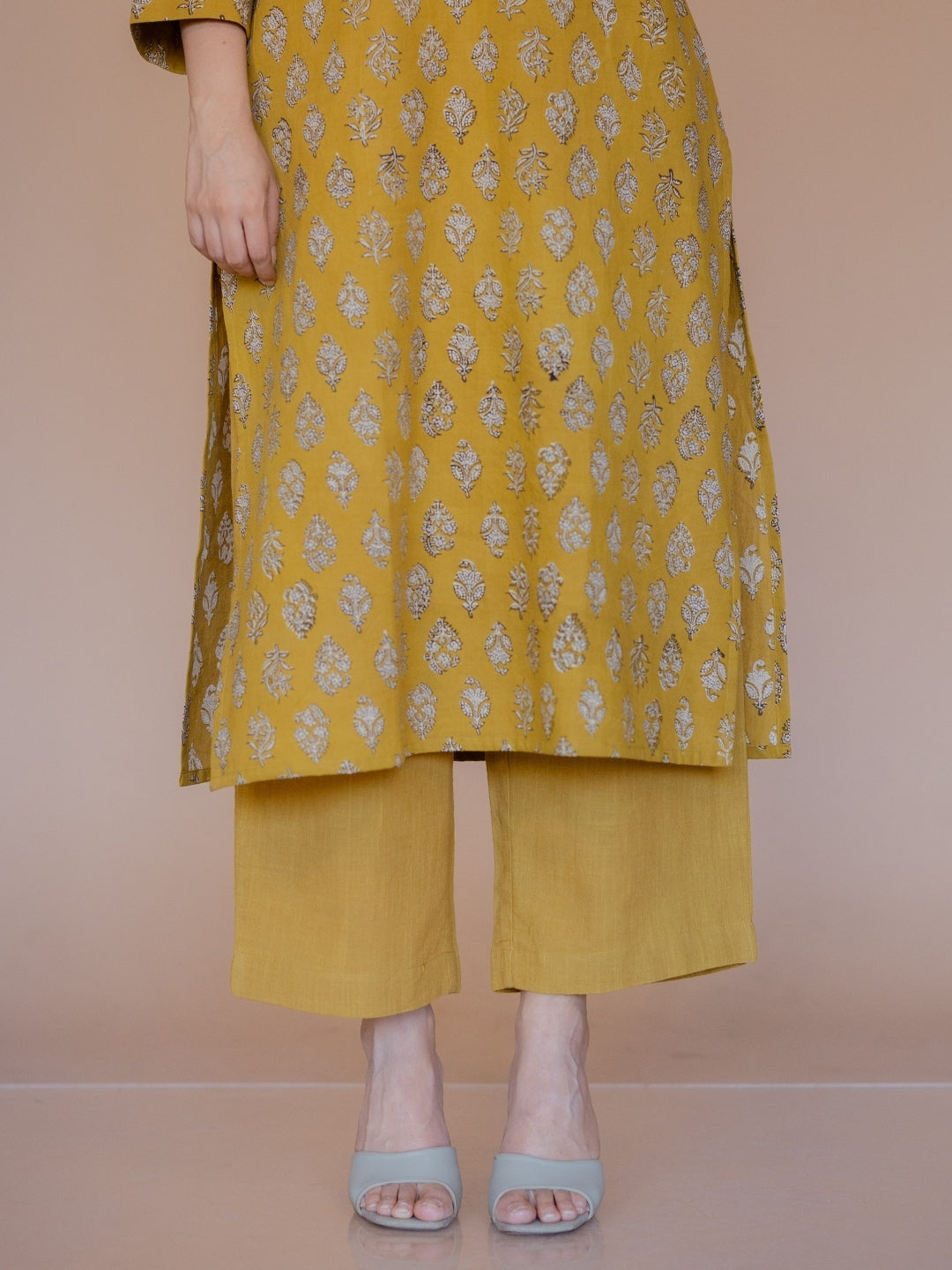 Yashi Yellow Solid Slub Cotton Straight Pant