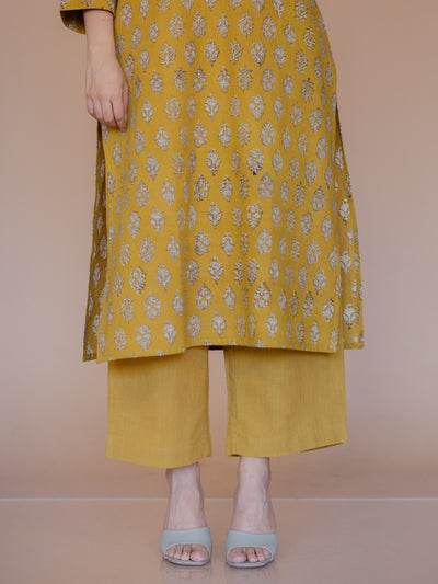 Yashi Yellow Solid Slub Cotton Straight Pant