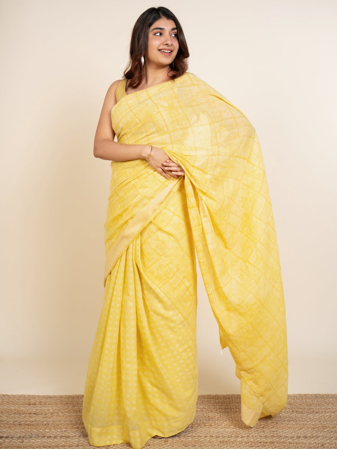 Isra Yellow Batik Hand Block Print Mul Cotton Saree with Embroidery