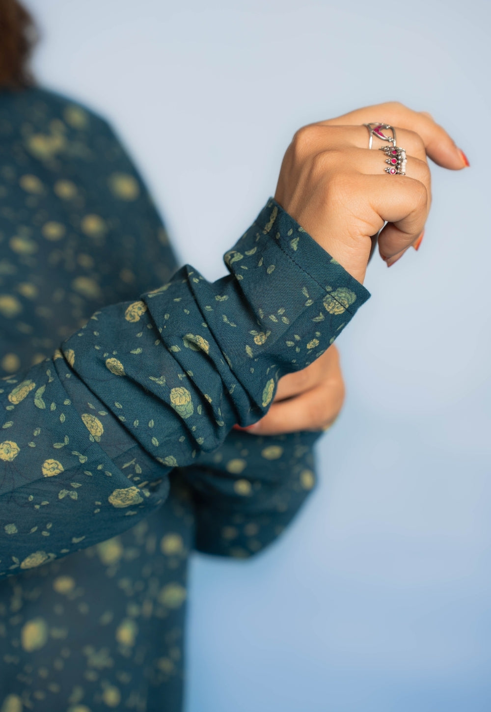 Vina Teal Blue Dabu Mul Cotton Kali Kurta