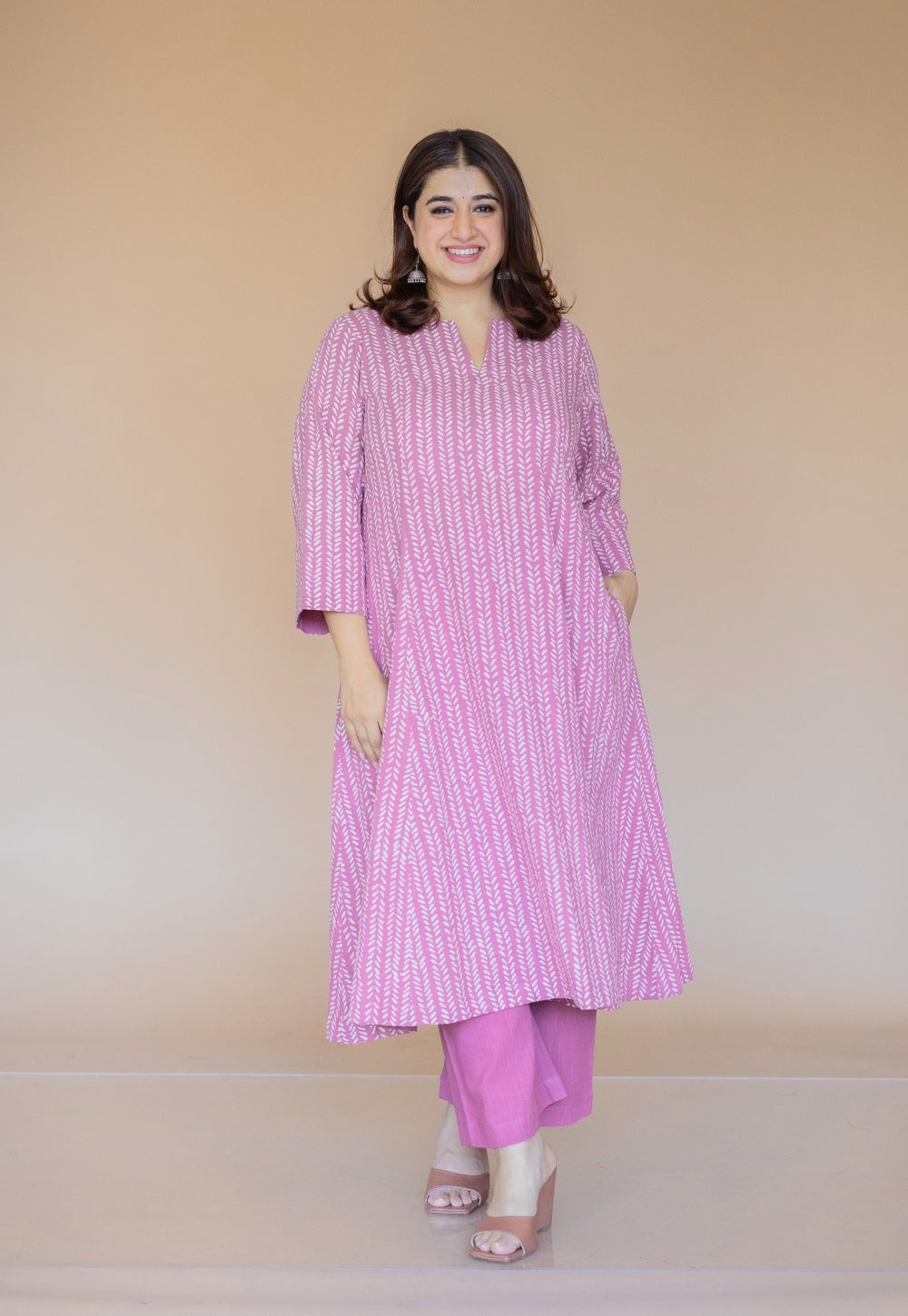 Malika Pink Hand Block Print Slub Cotton Kali Kurta