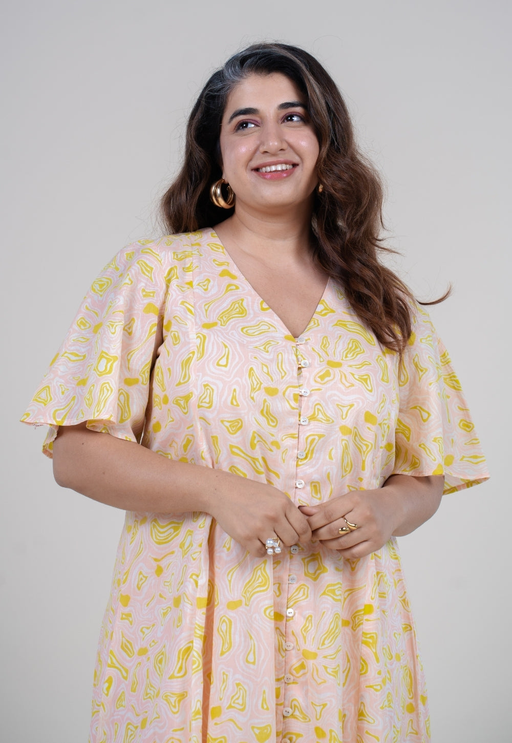 Leah Peach Printed Mul A Line Dress