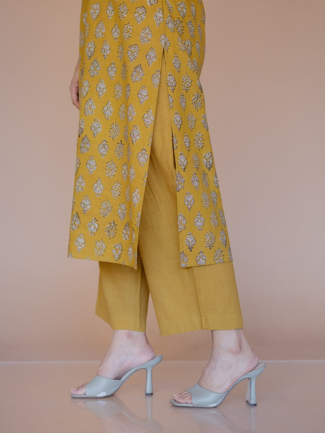 Yashi Yellow Solid Slub Cotton Straight Pant