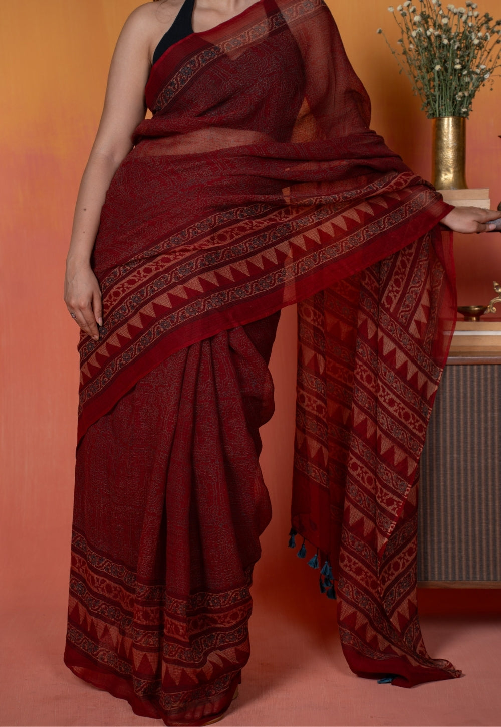 Red Tribal Ajrkah Hand Block Print Kota Doria Cotton Saree