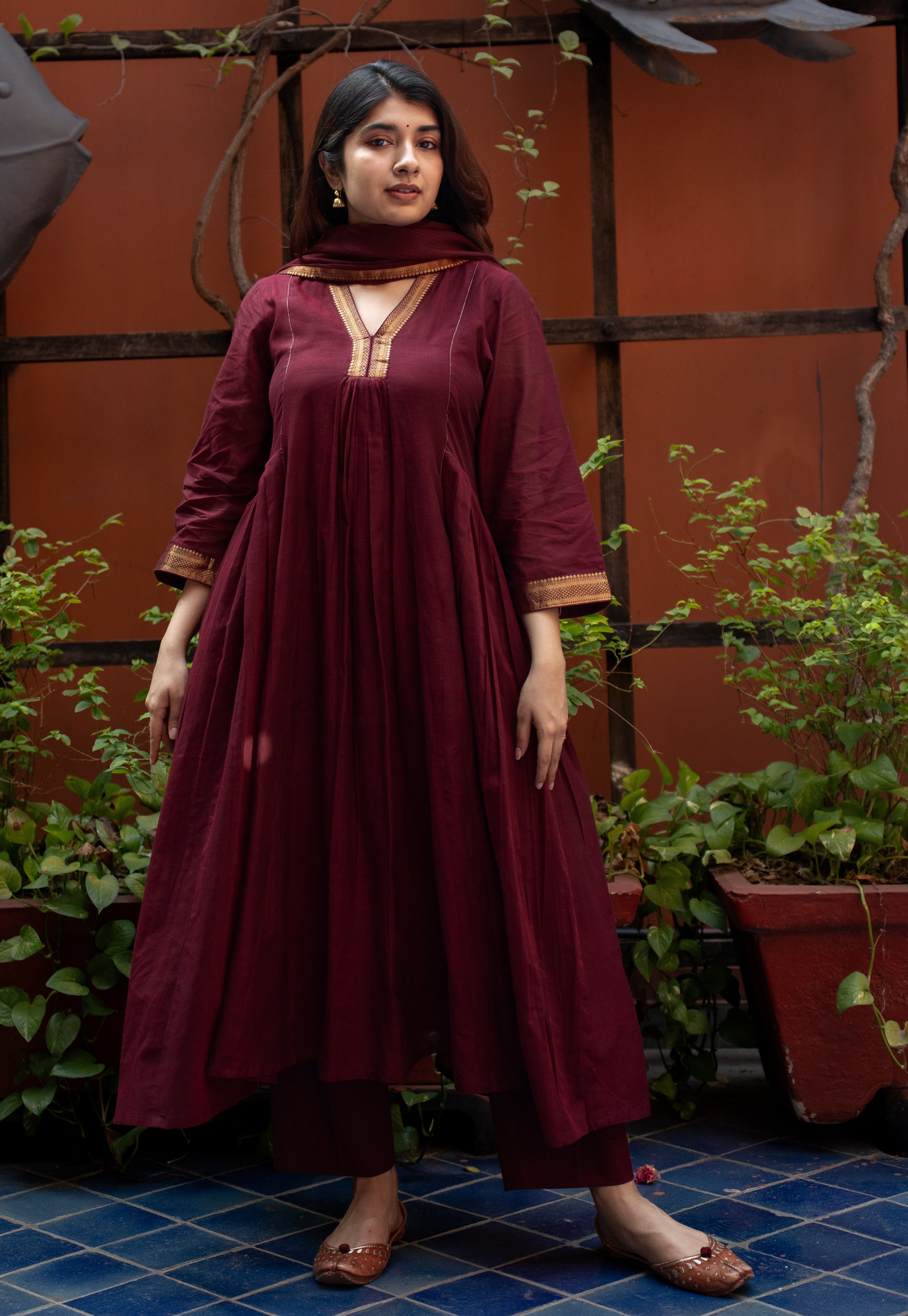 Tisya Red Mangalgiri Cotton Kali Kurta with Nizam Border