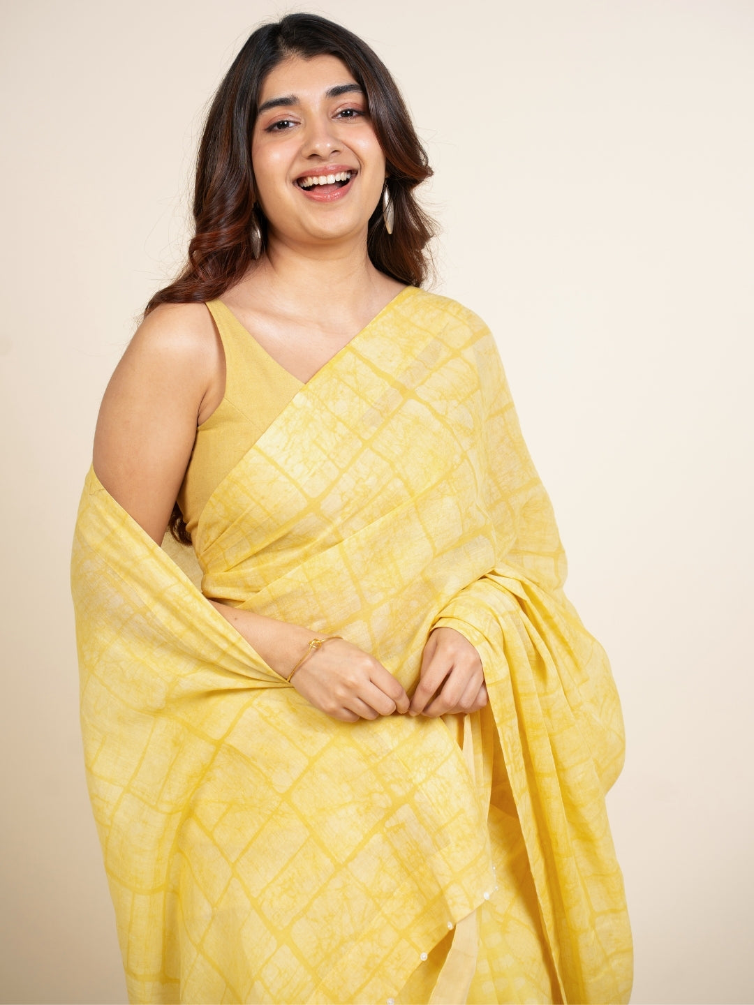 Isra Yellow Batik Hand Block Print Mul Cotton Saree with Embroidery