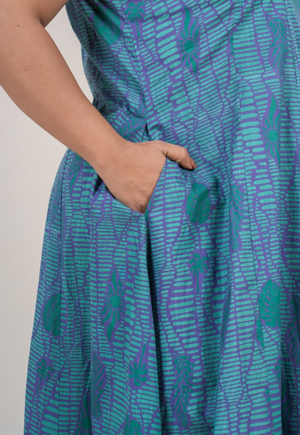 Tira Teal Blue Printed Cotton A Line Dress