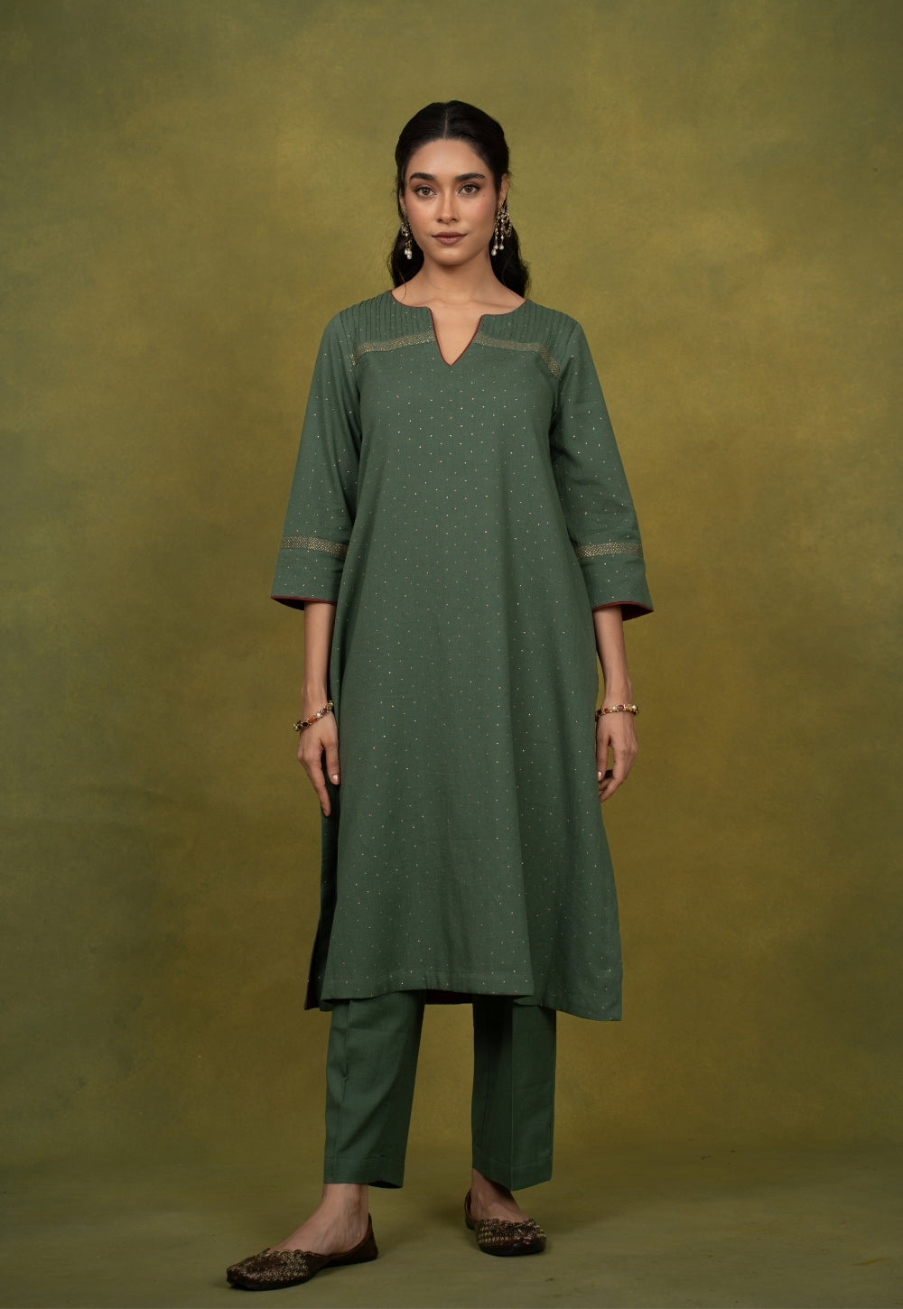 Ishira Green Rogan Handblock Printed Cotton Straight Kurta Suit Set (Set of 3)