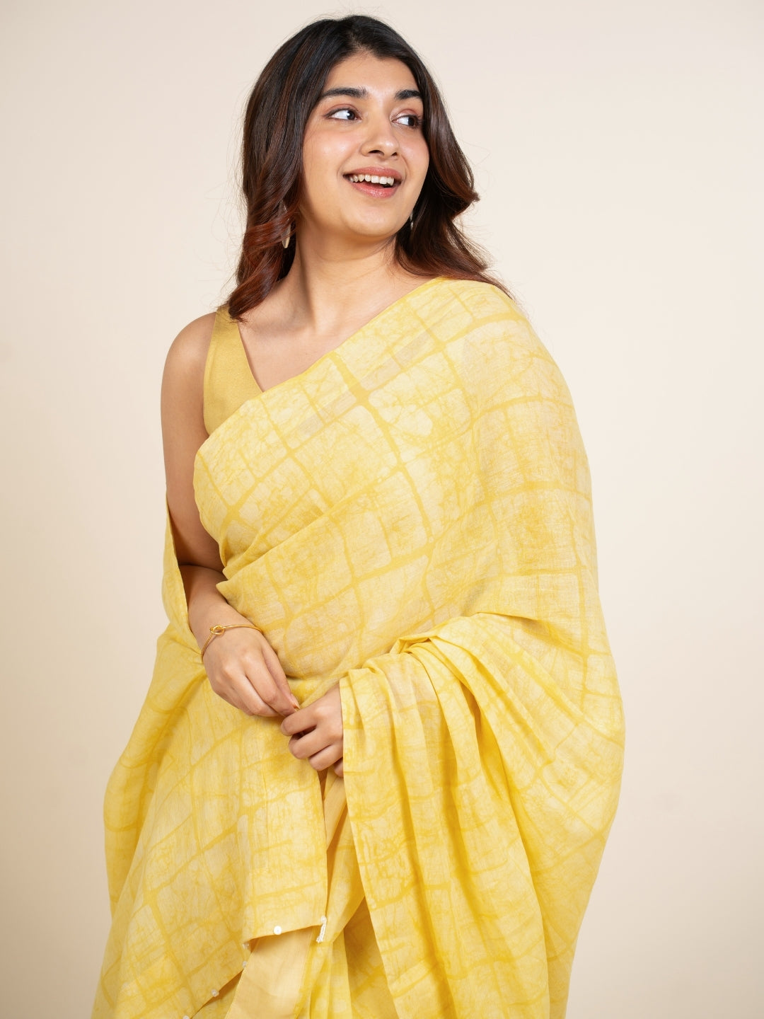 Isra Yellow Batik Hand Block Print Mul Cotton Saree with Embroidery