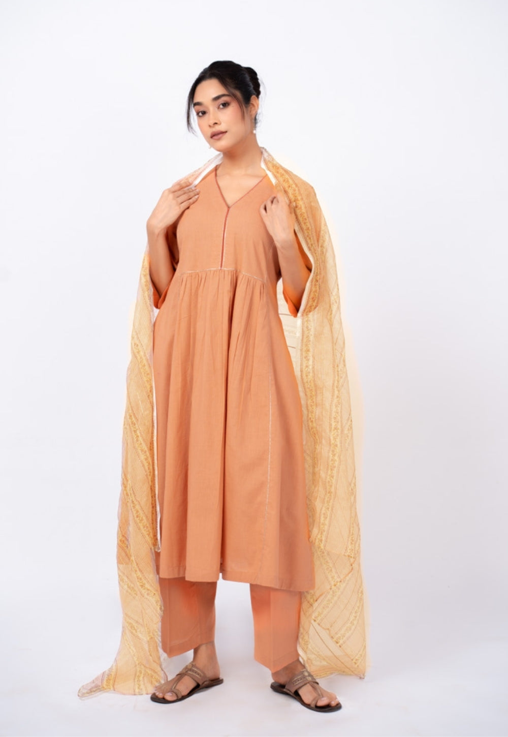 Urvi Orange Solid Slub Cotton Kali Kurta Suit Set with Printed Dupatta (Set of 3)