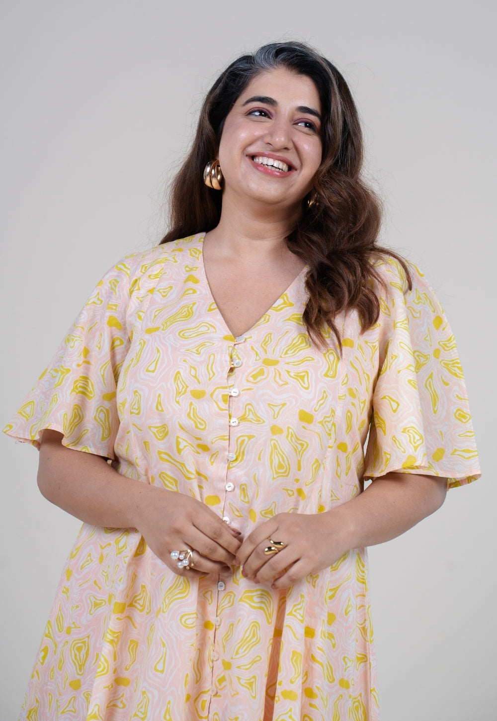 Leah Peach Printed Mul A Line Dress