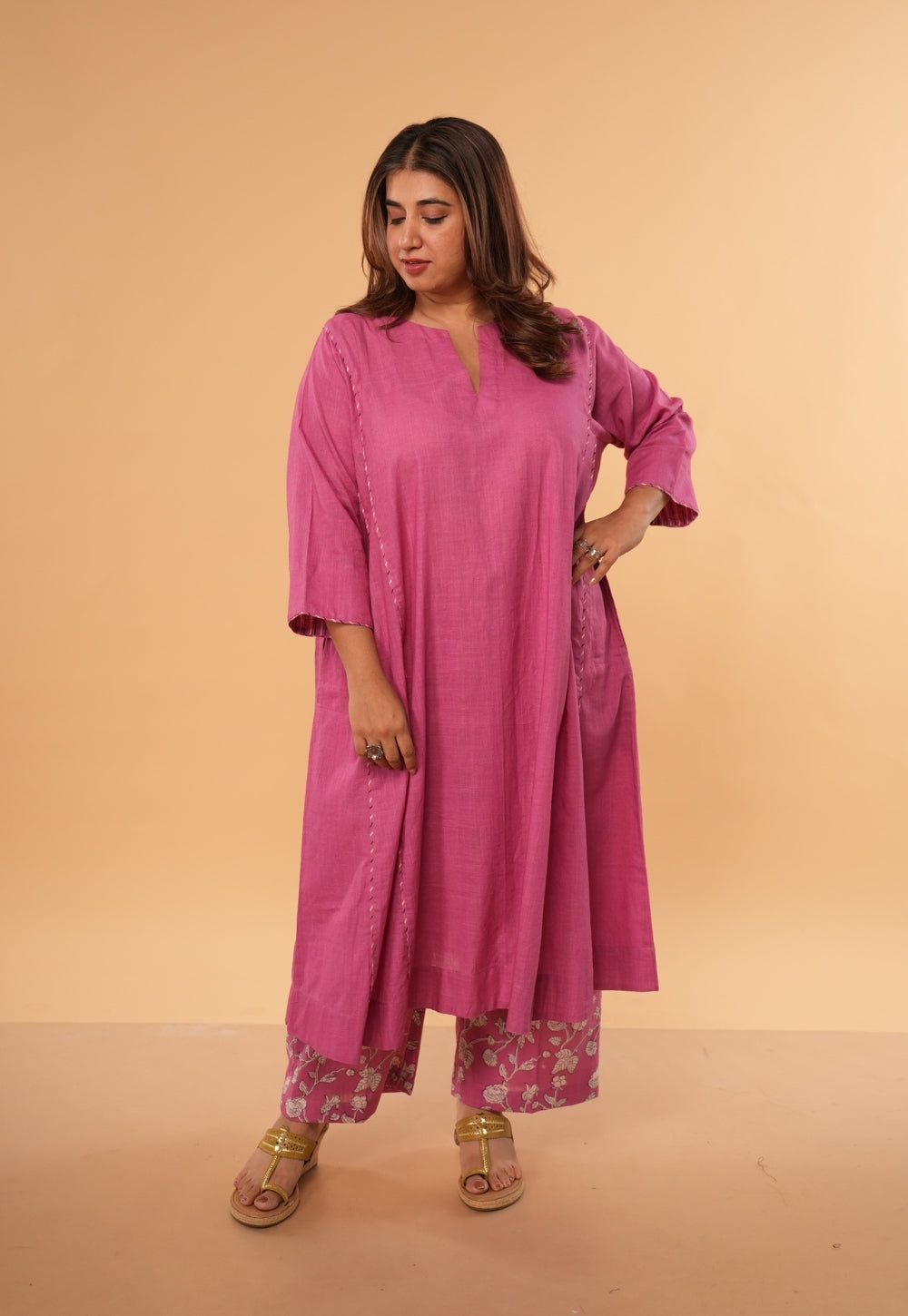 Kusha Pink Solid Slub Cotton Jhabbha Kali Kurta