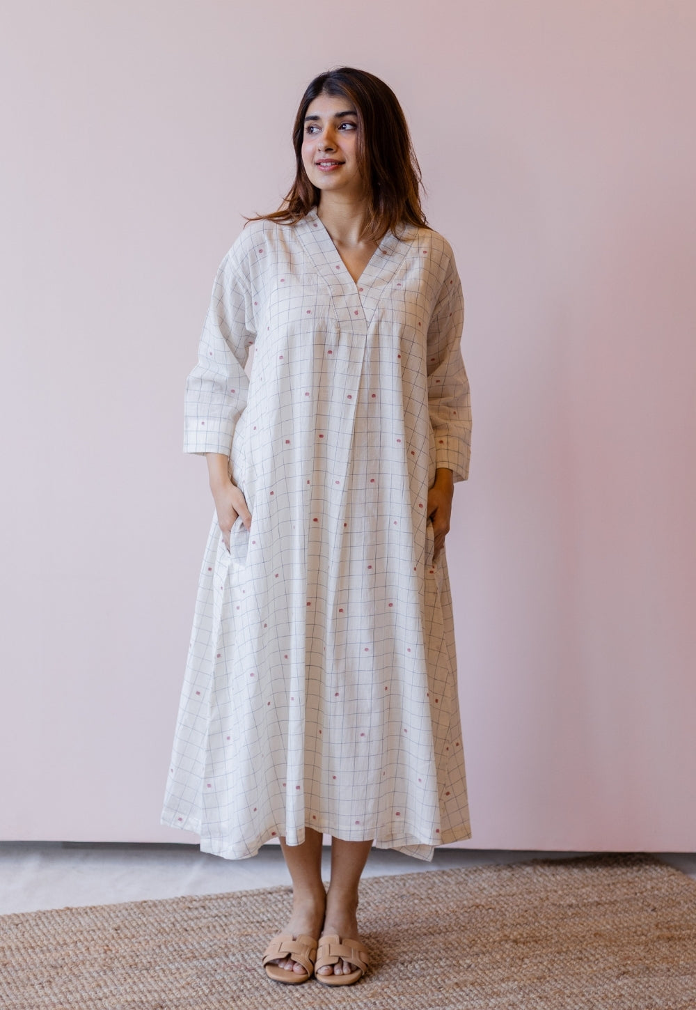 Ekta Off White Jamdani Handloom Cotton A Line Dress