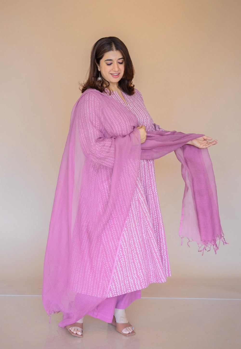 Malika Pink Hand Block Print Slub Cotton Kali Kurta