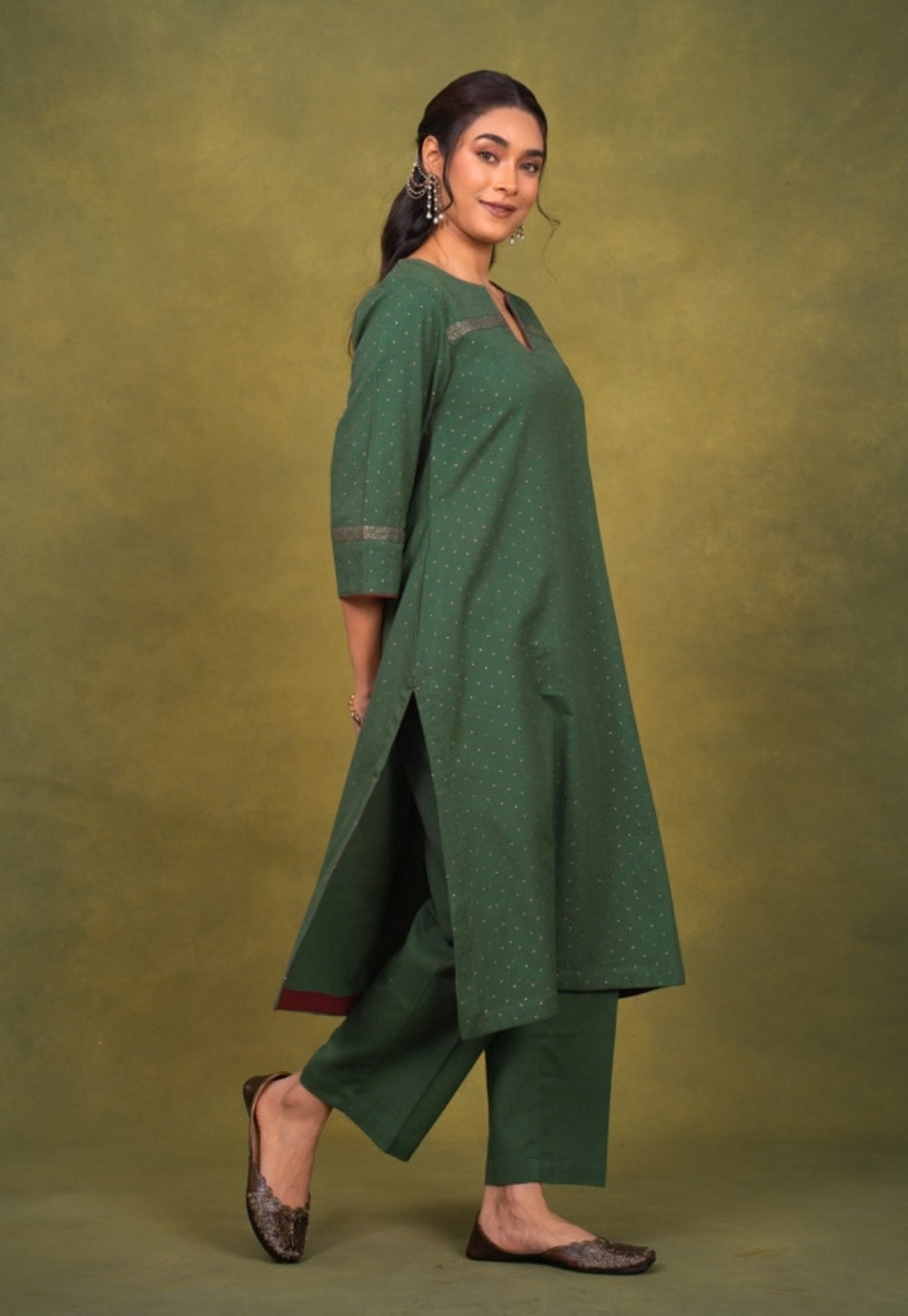 Ishira Green Rogan Handblock Printed Cotton Straight Kurta Suit Set (Set of 3)