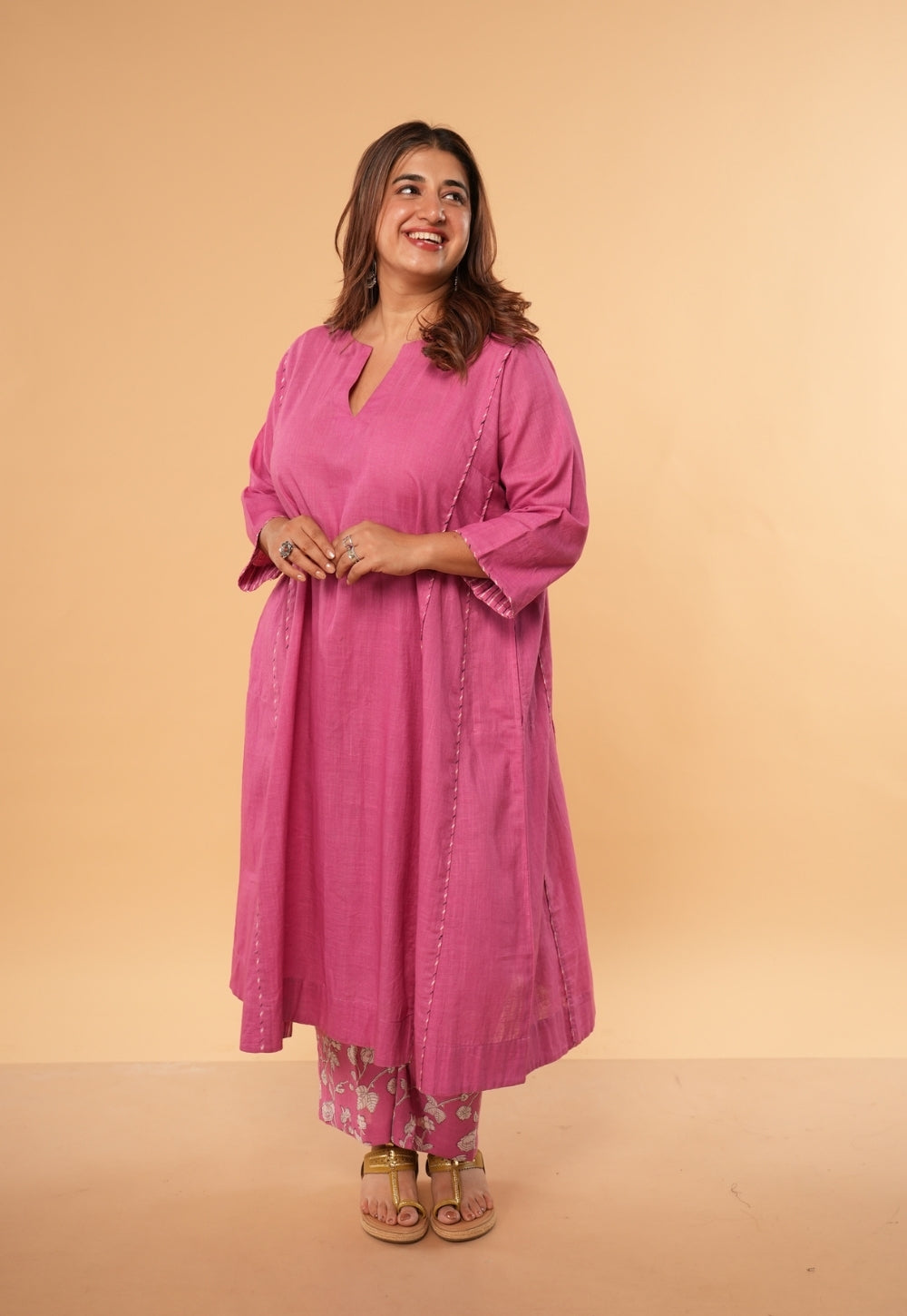 Kusha Pink Solid Slub Cotton Jhabbha Kali Kurta