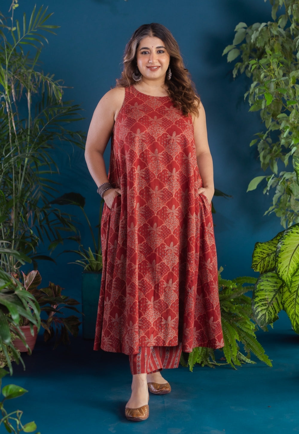 Avenza Red Ajrakh Cotton A Line Kurta