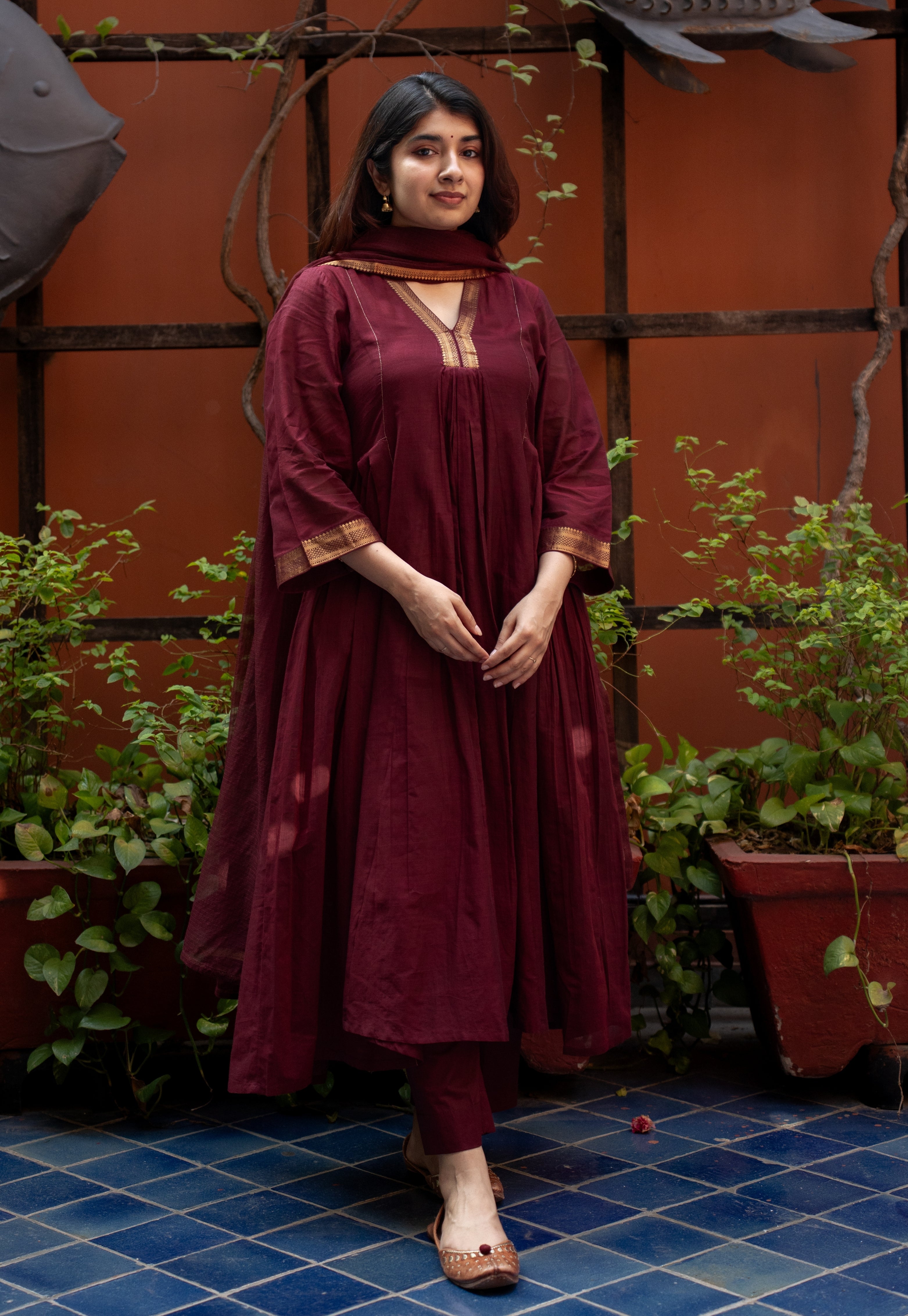 Tisya Red Mangalgiri Cotton Kali Kurta with Nizam Border