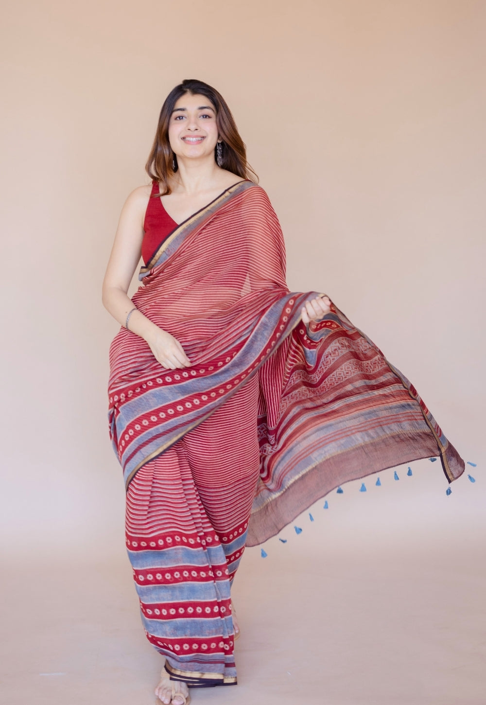 Red Abstract Ajrakh Hand Block Print Chanderi Saree