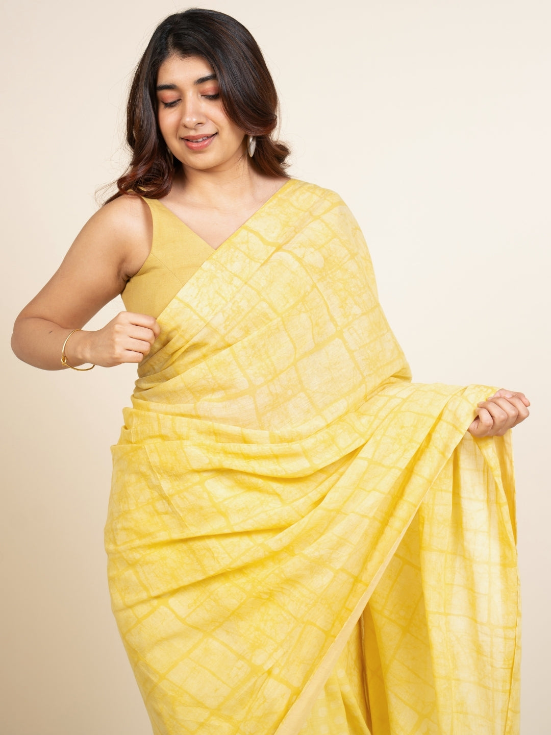 Isra Yellow Batik Hand Block Print Mul Cotton Saree with Embroidery