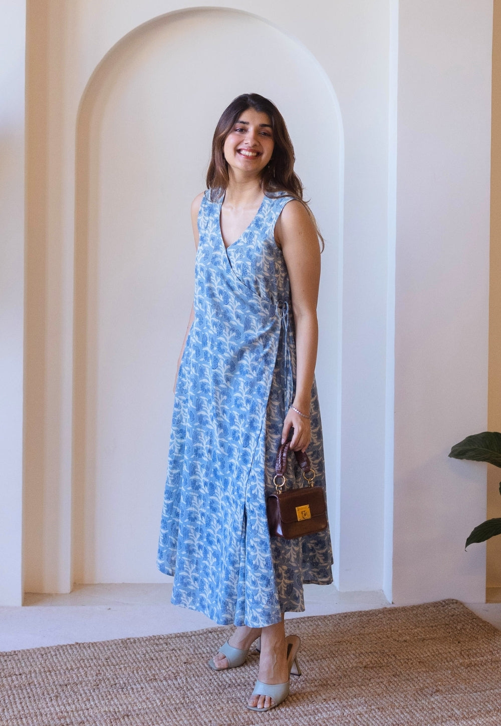 Saranashi Blue Ajrakh Cotton Wrap Around Dress