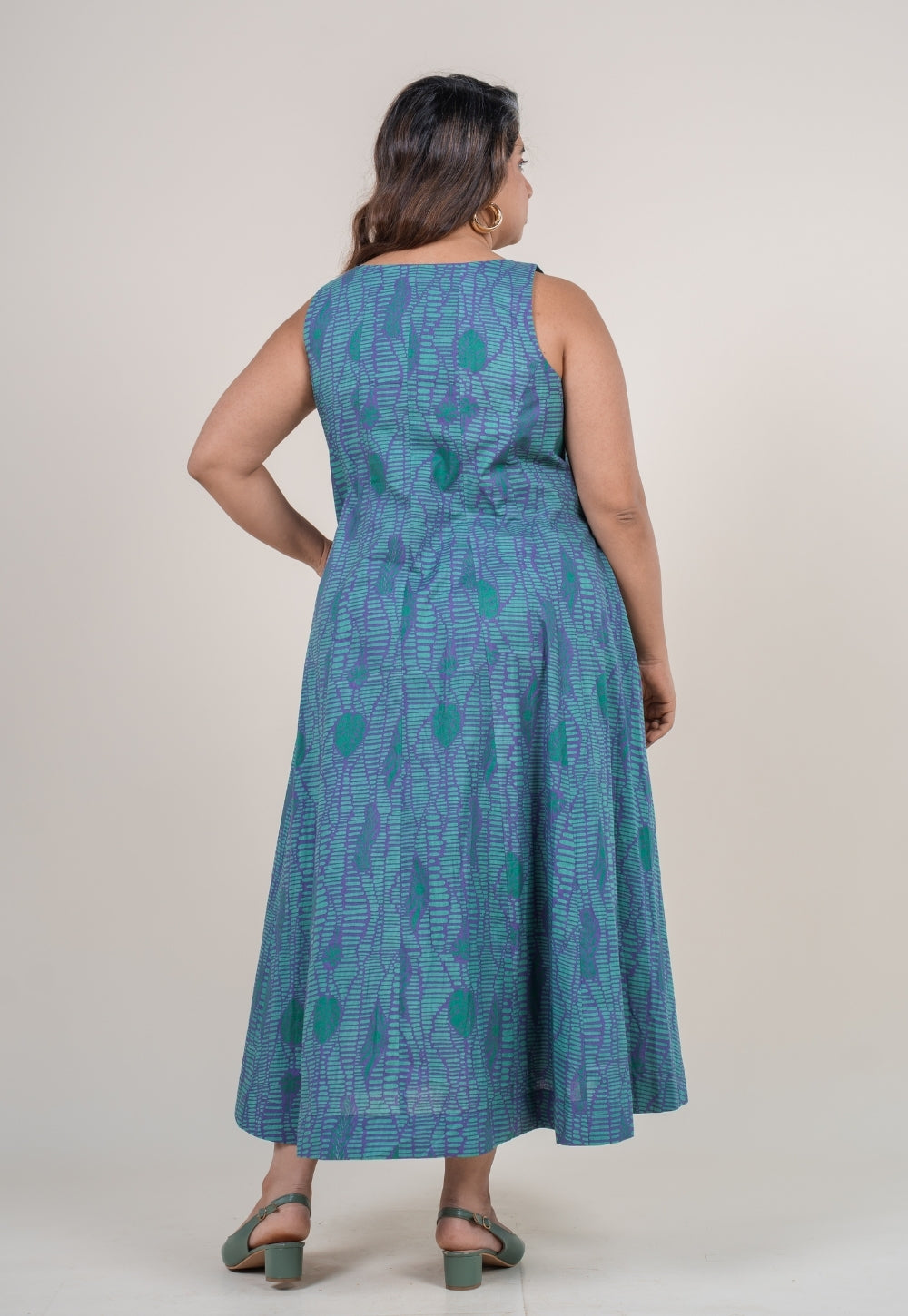 Tira Teal Blue Printed Cotton A Line Dress