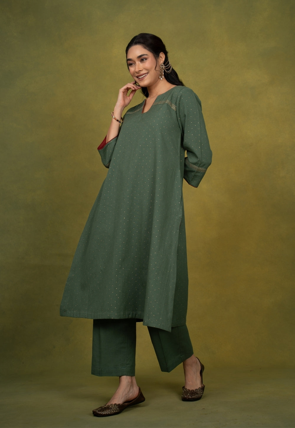 Ishira Green Rogan Handblock Printed Cotton Straight Kurta Suit Set (Set of 3)