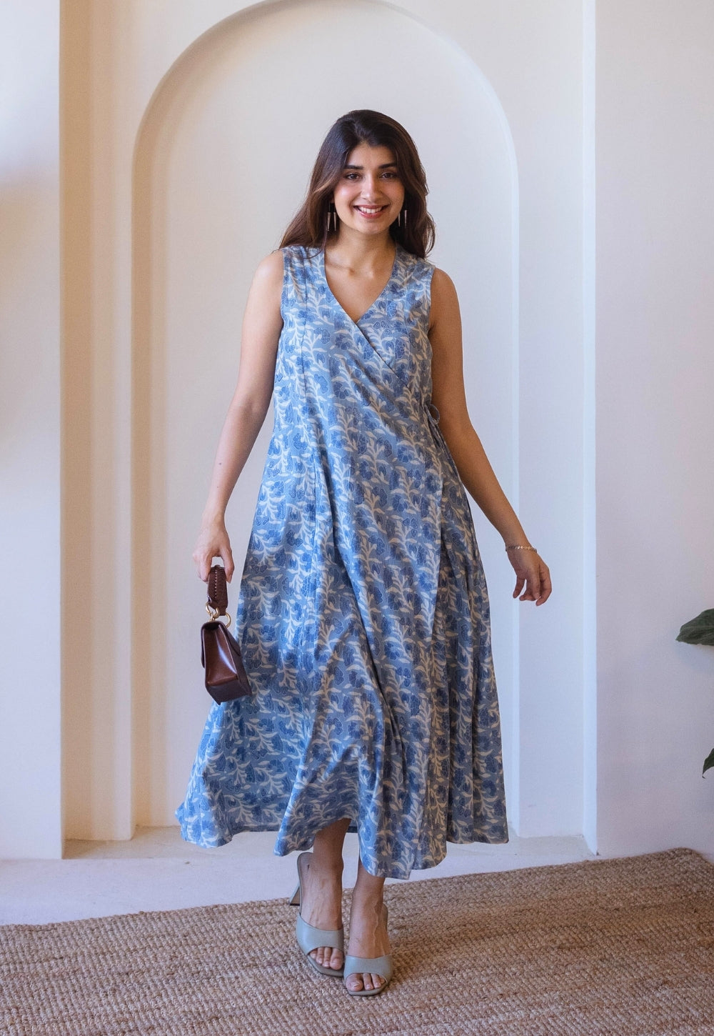 Saranashi Blue Ajrakh Cotton Wrap Around Dress