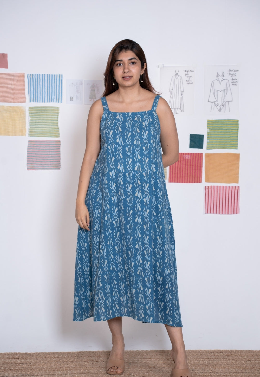 Tapasya Blue Dabu Slub Cotton Straight Dress