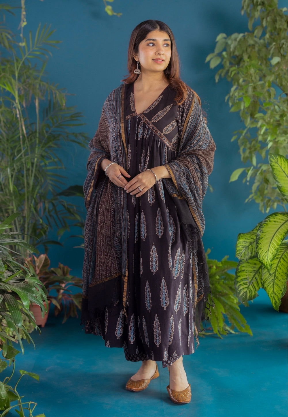 Sneha Black Ajrakh Cotton A Line Kurta