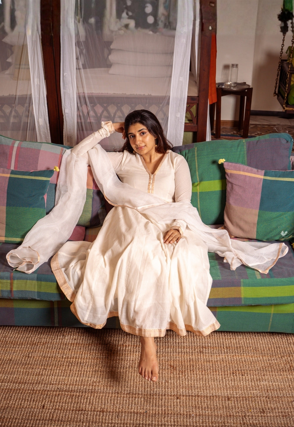 Husna White Mangalgiri Cotton Kali Kurta with Nizam Border
