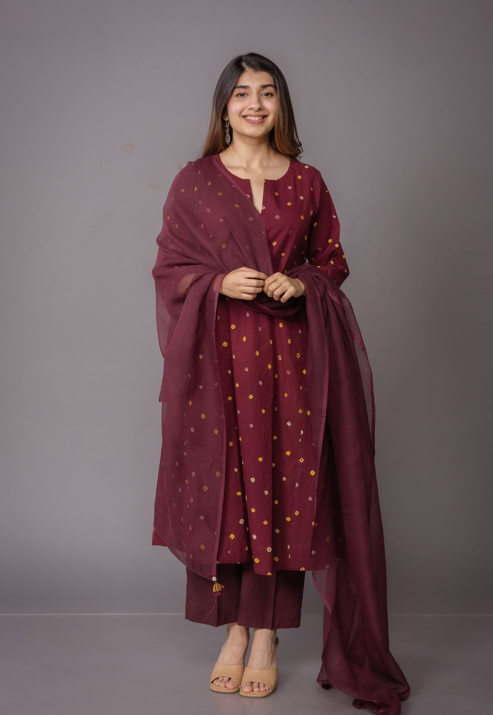 Nyra Red Bandhani Cotton Jhabbha Kali Embroidered Kurta with Dupatta