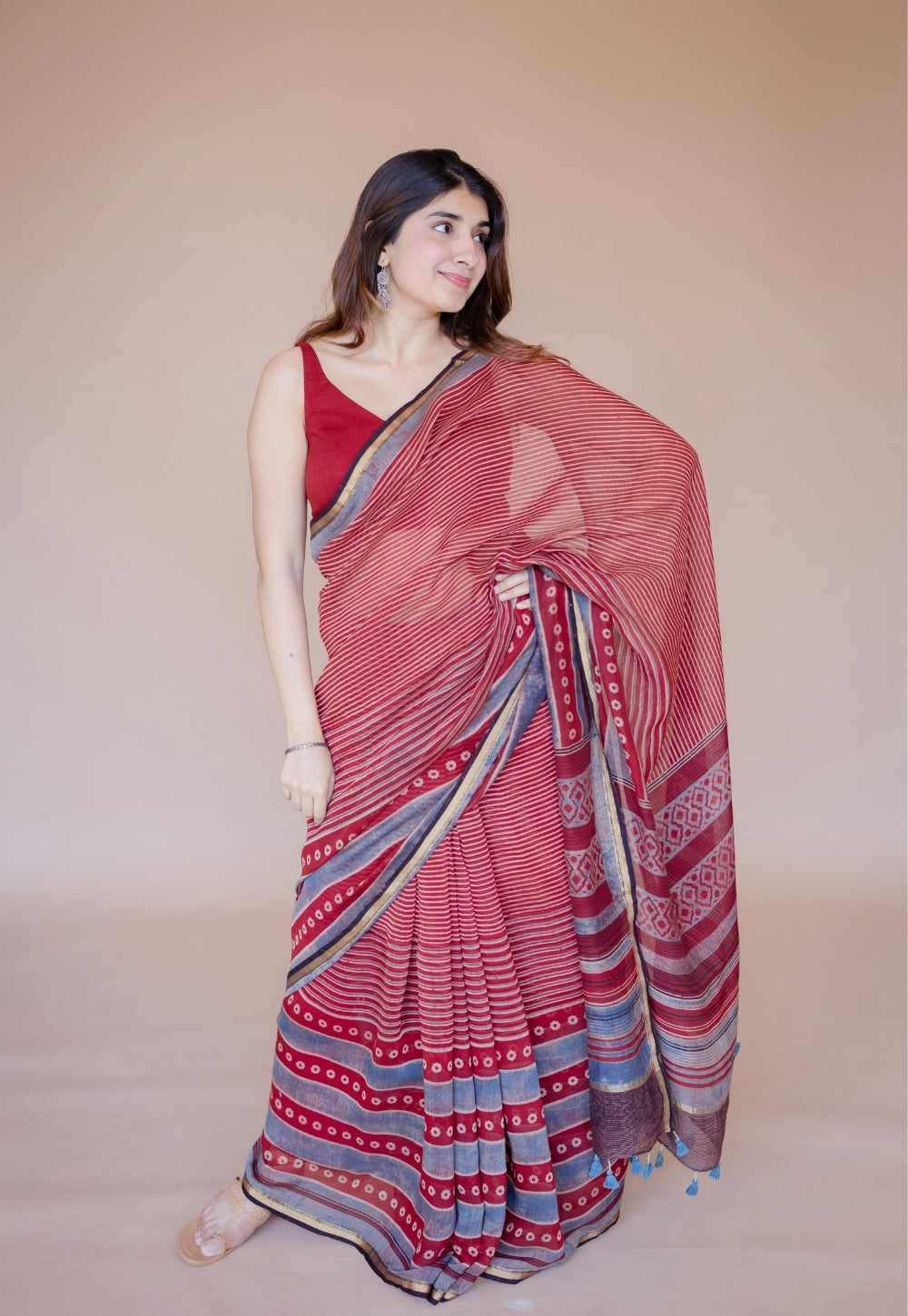 Red Abstract Ajrakh Hand Block Print Chanderi Saree