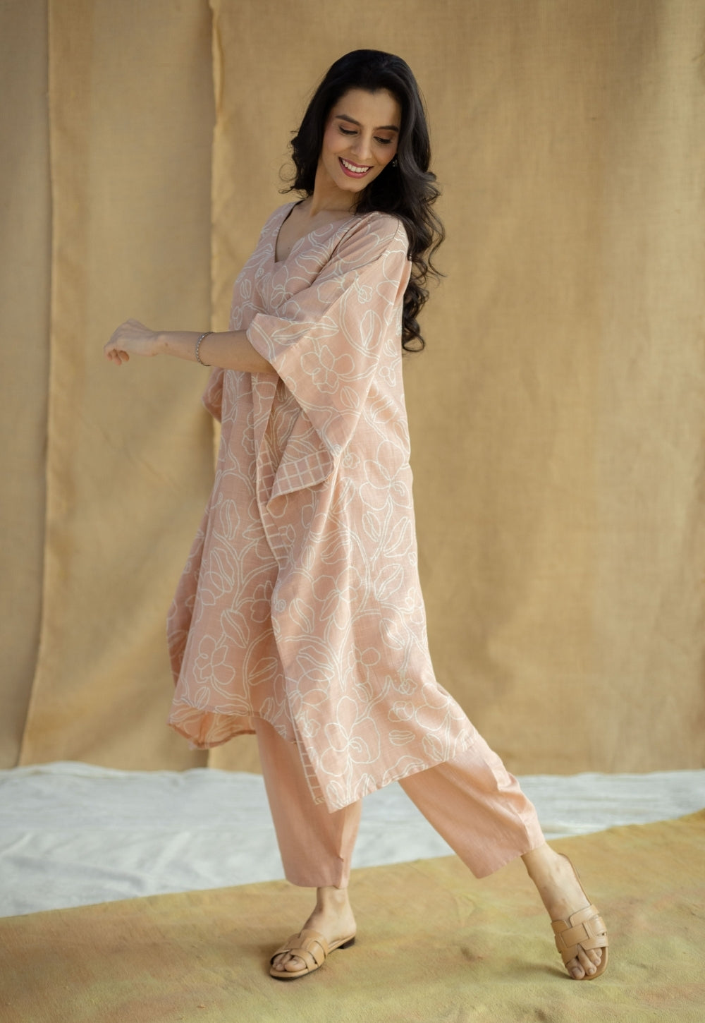 Sadiya Peach Hand Block Print Slub Cotton Anti-Fit Kaftan