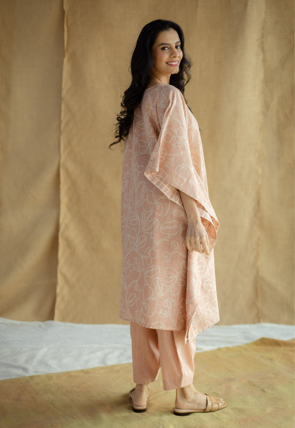 Sadiya Peach Hand Block Print Slub Cotton Anti-Fit Kaftan