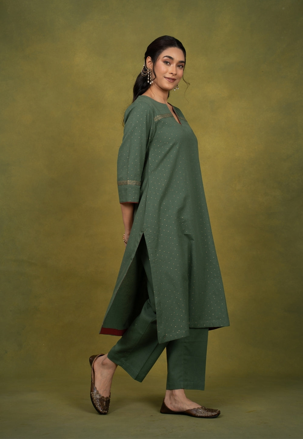 Ishira Green Rogan Handblock Printed Cotton Straight Kurta Suit Set (Set of 3)
