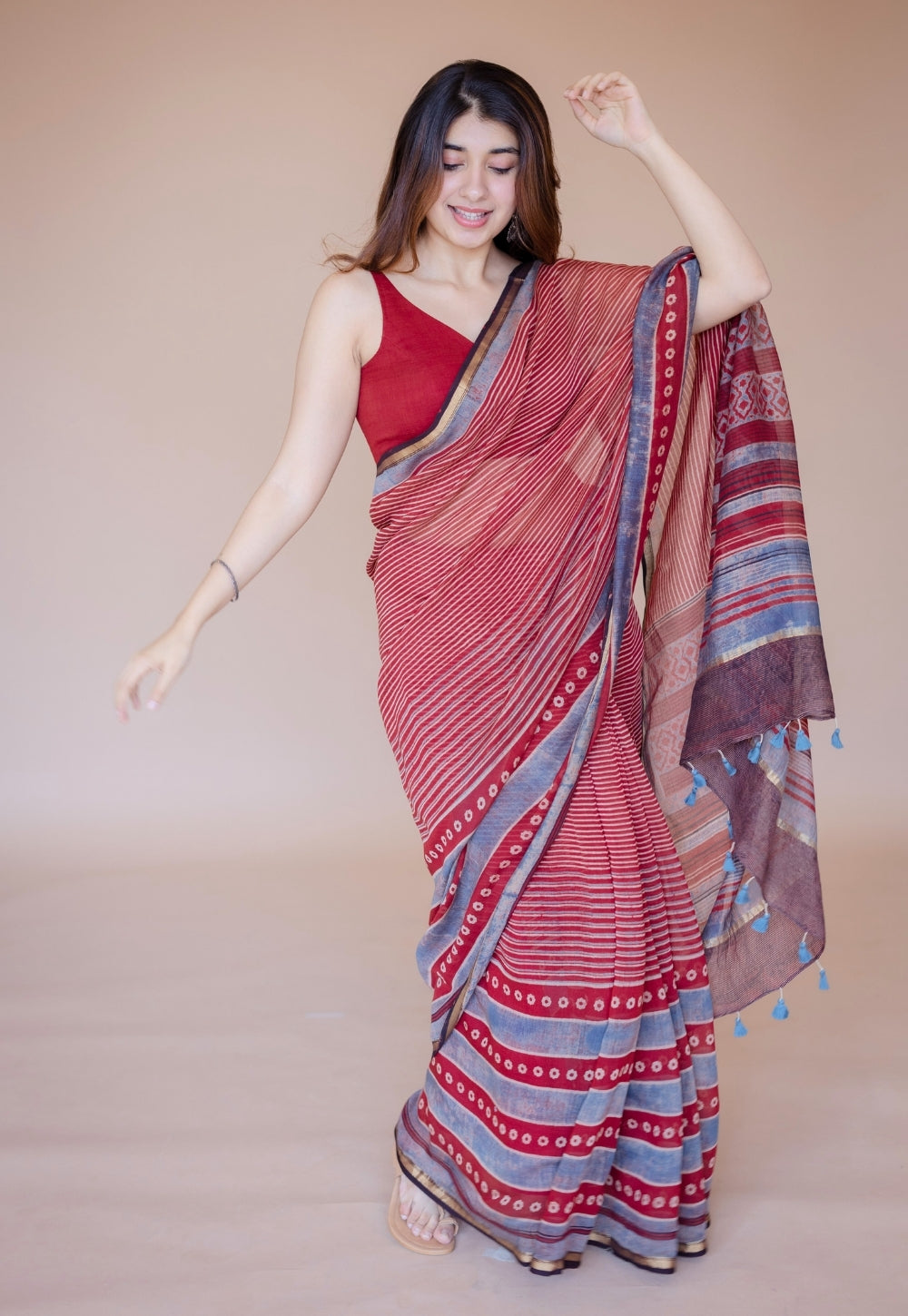 Red Abstract Ajrakh Hand Block Print Chanderi Saree