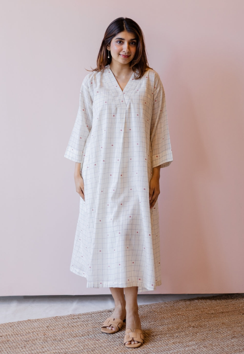 Ekta Off White Jamdani Handloom Cotton A Line Dress