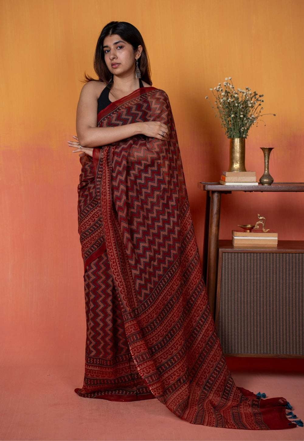 Red Chevron Ajrakh Hand Block Print Kota Doria Cotton Saree
