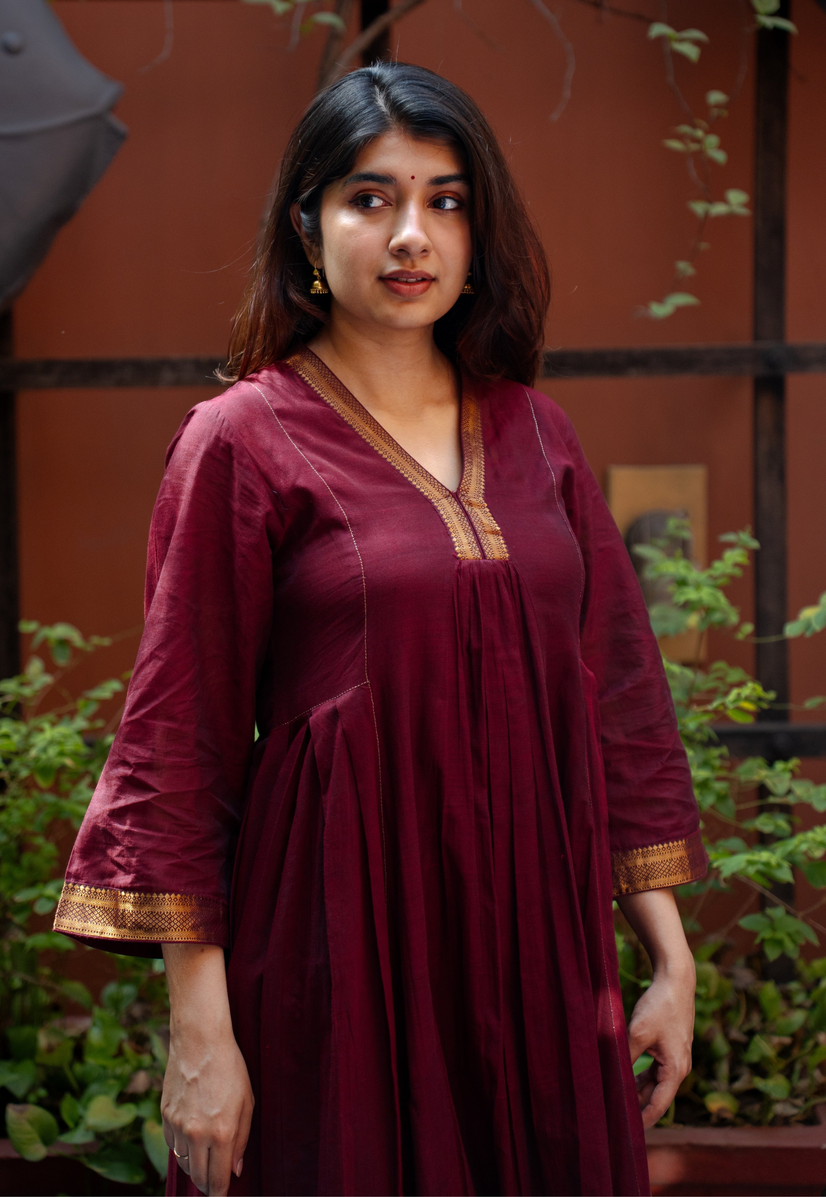 Tisya Red Mangalgiri Cotton Kali Kurta with Nizam Border