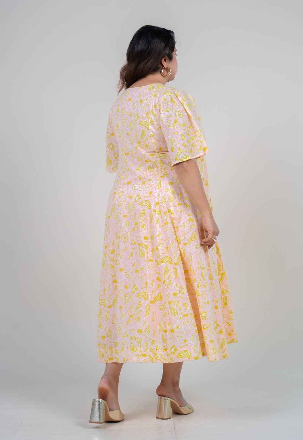 Leah Peach Printed Mul A Line Dress